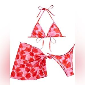 Women's 3 Pieces Allover Print Pink Bikini Set with Tie Side Beach Skirt Medium